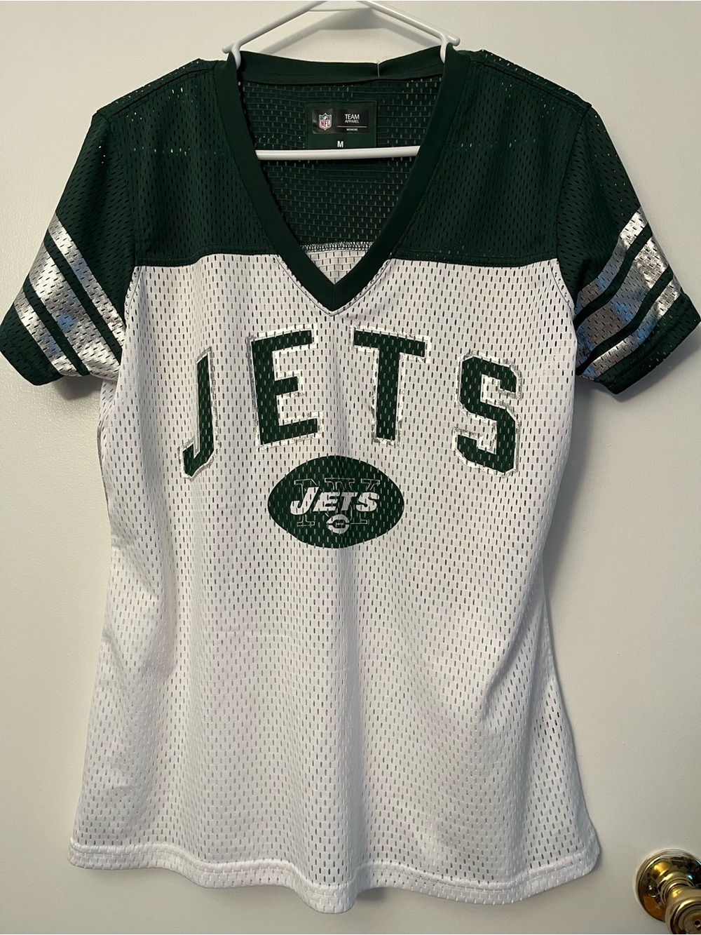 NFL Women's New York Jets Football Mesh Metallic V-Neck Jersey Sz Medium NWT